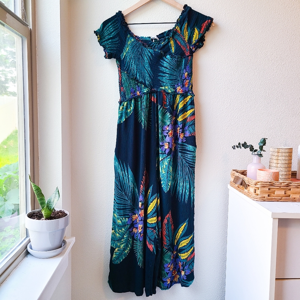 Patrons Of Peace Smocked Off-The-Shoulder Tropical Crepe Jumpsuit